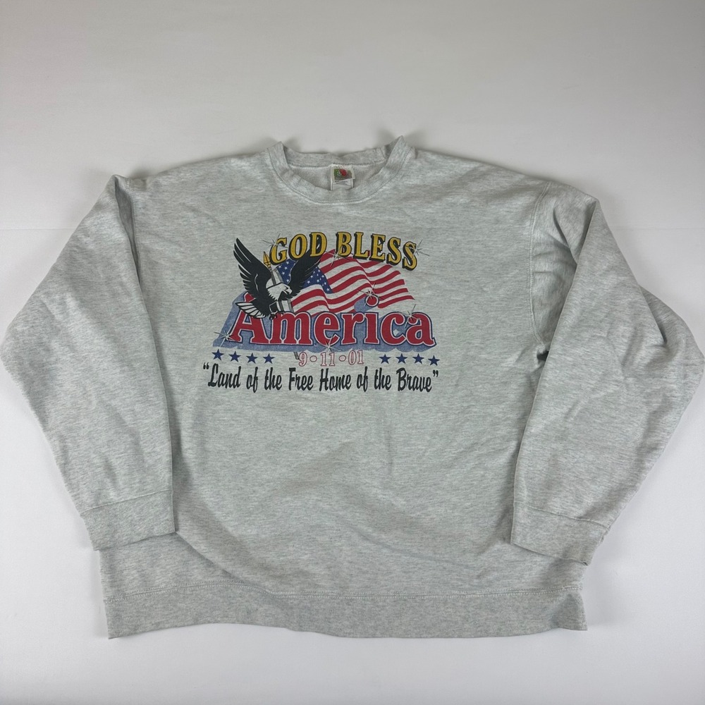 Vintage God Bless America Sweatshirt 911 Land of the Free‎ Heather Gray Size XL